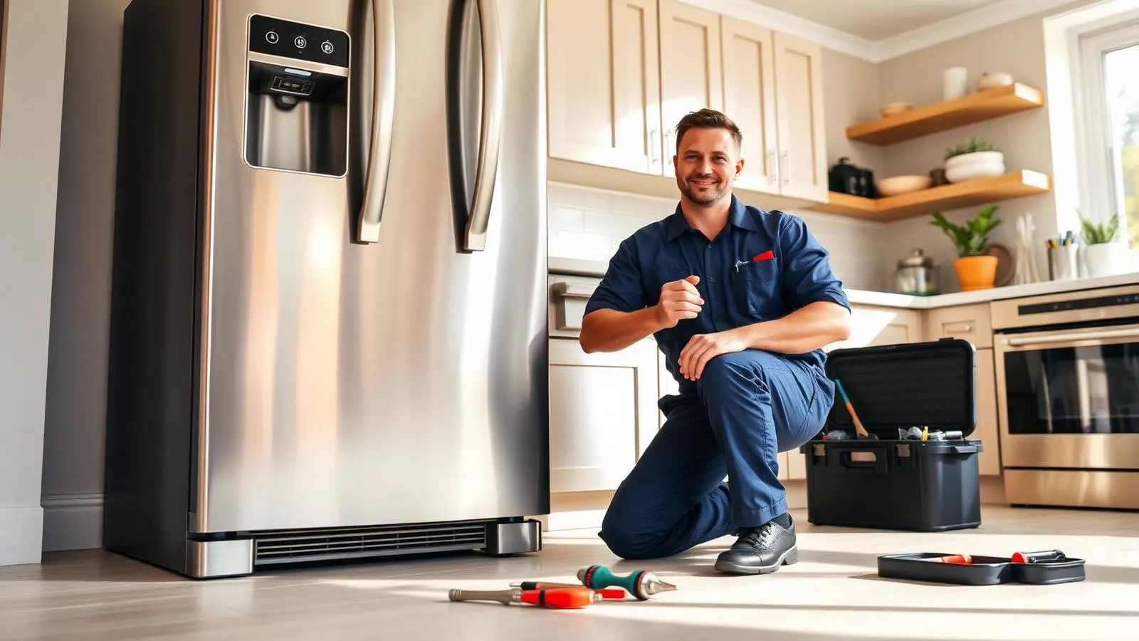 Appliance repair technician servicing a refrigerator in a Philadelphia kitchen